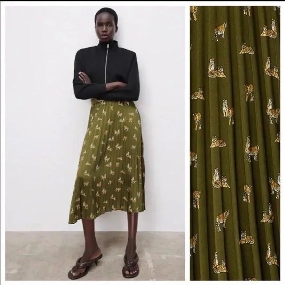 Zara satin pleated olive green tiger midi skirt very light and flowy size XS - Picture 7 of 8